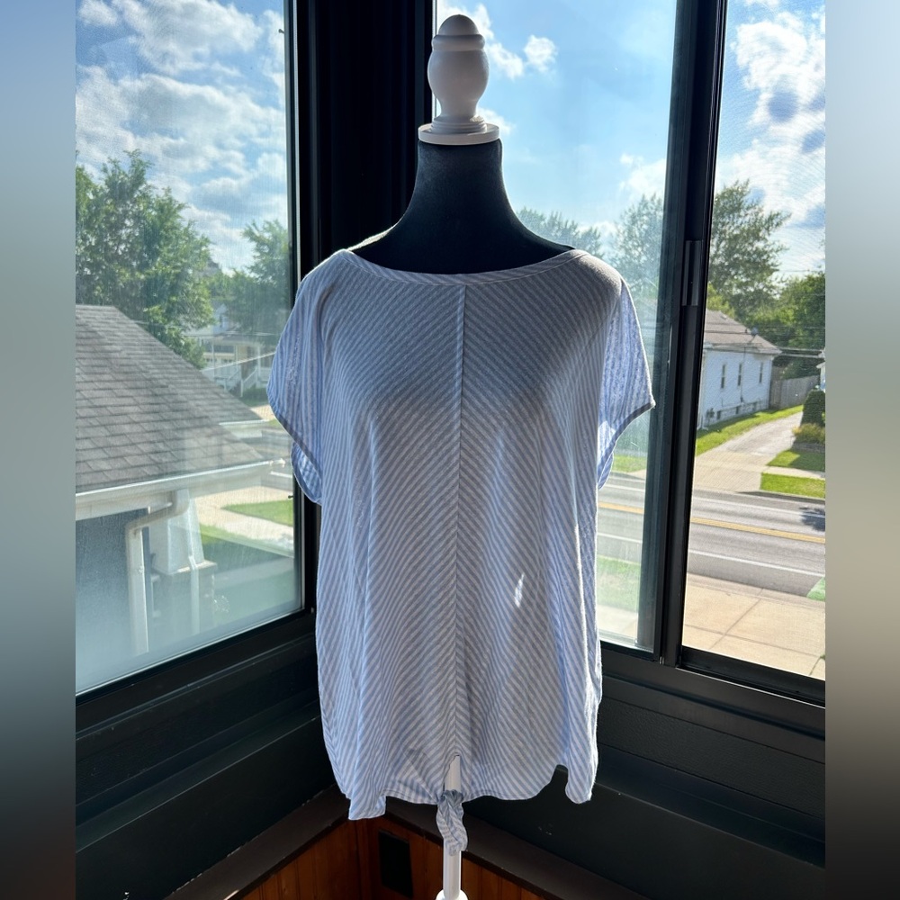 J Jill Linen Blend Front Waist Tie Top Womens Size Large Blue White Stripes Boho